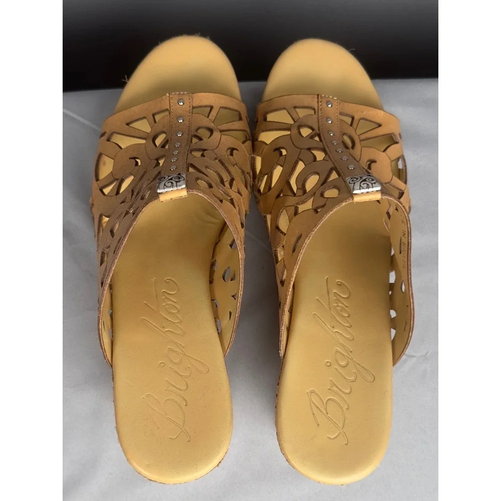 Brighton Daria Wedge Sandals 8M Brown Leather Cutout Espadrille Slides‎